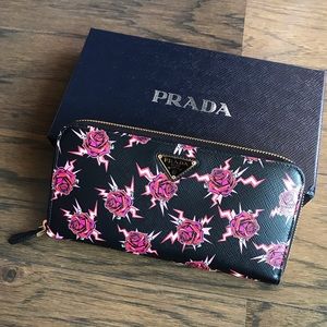 Prada Black Leather Zip Around Wallet w/Roses NEW